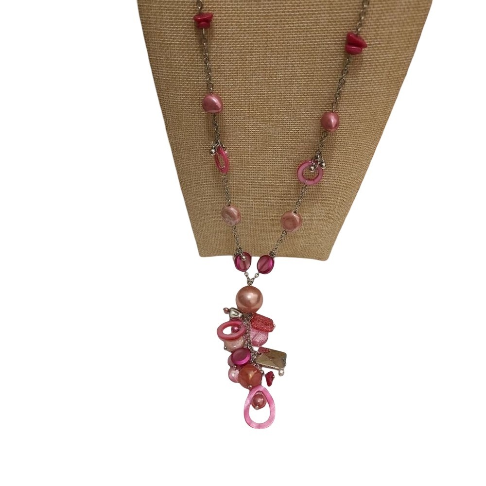 Treska Pink Beaded Cluster Pendant Long Silver Chain Necklace Magenta Boho 21.5" - Picture 2 of 3